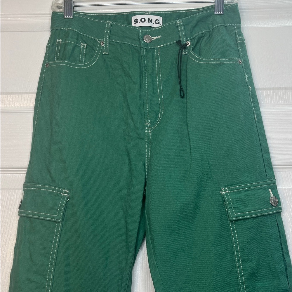 90’s Cargo Boyfriend “Jeans” Kelly Green High Rise All Cotton Contrast Stitching